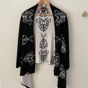 Jawbreaker open front moth cardigan, black and cream jacquard
